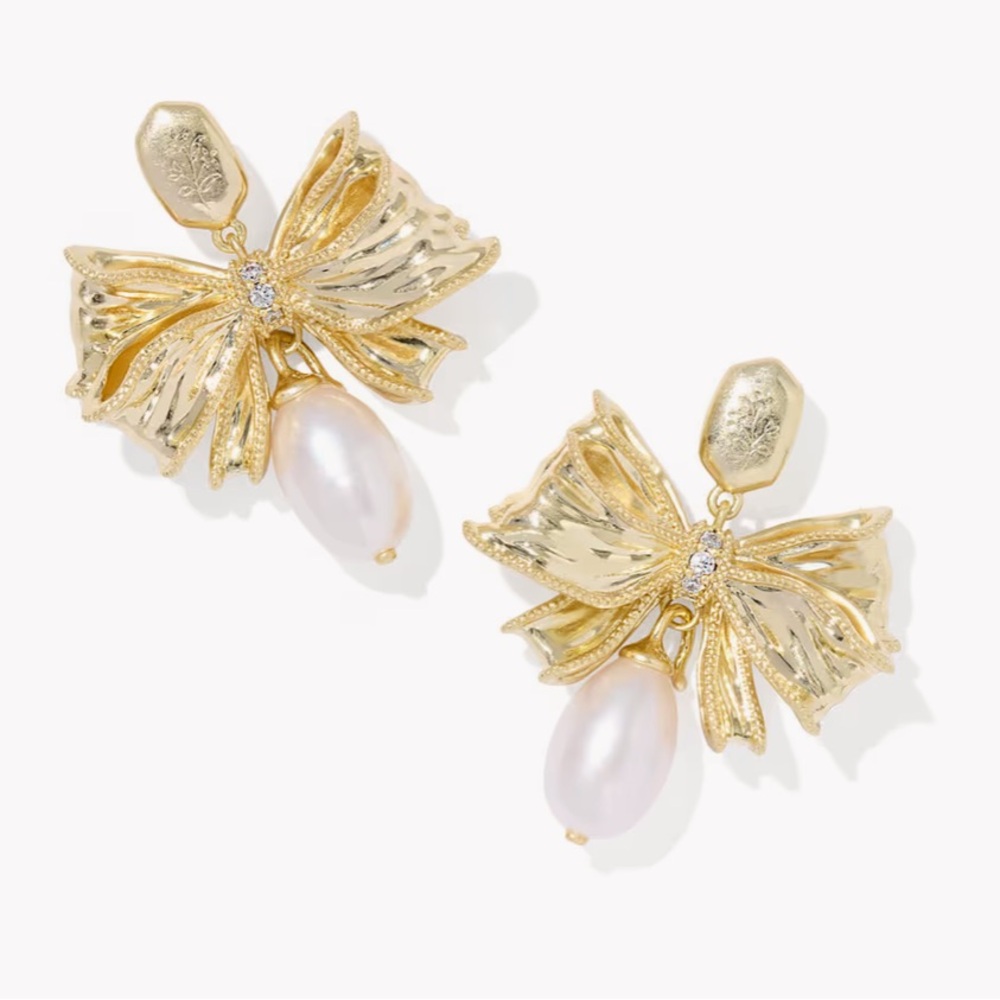 kendra scott x loveshackfancy pearl bow gold statement earrings